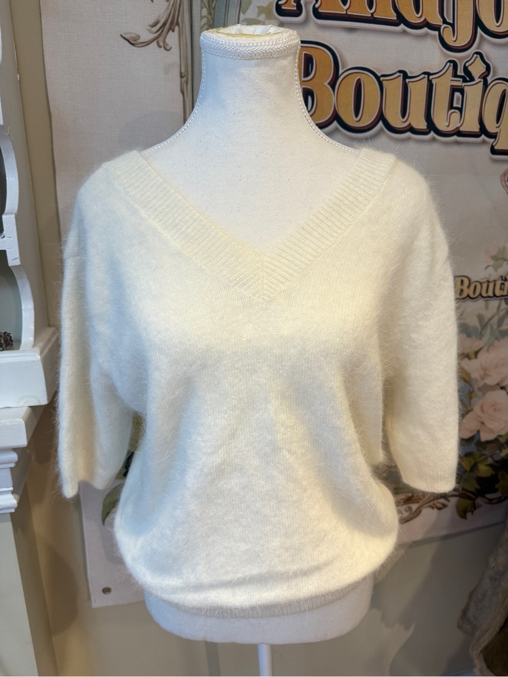 Soft V‑Neck Rabbit fur Cream Women’s Sweater